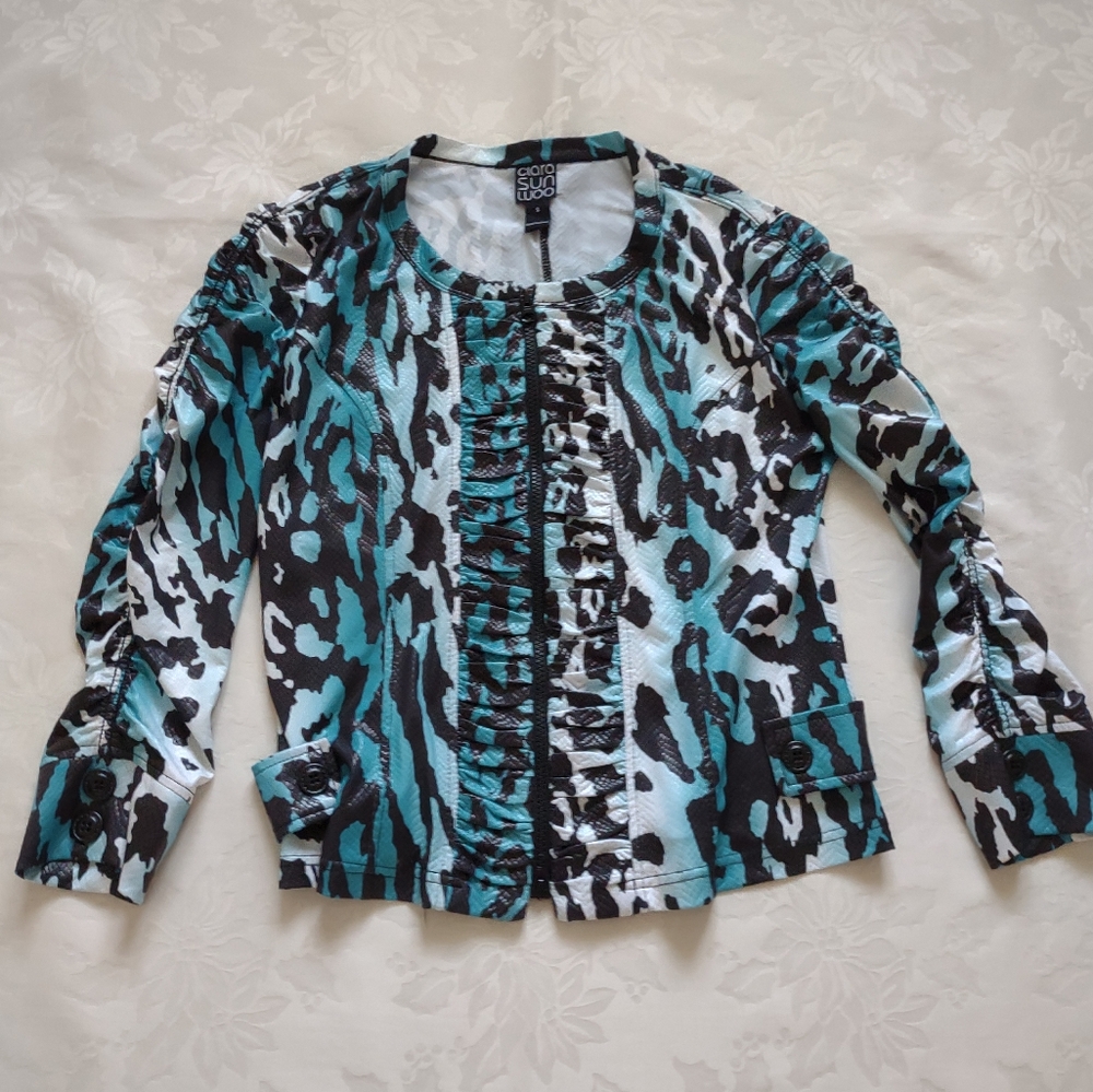 Clara Sun Woo Croc Textured Snake Print Zipper Front Jacket Blue Black